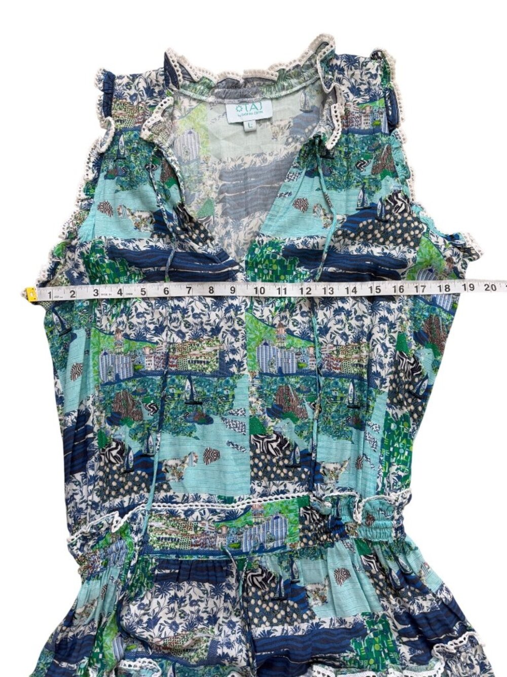 Taj By Sabrina Crippa Womens Size L Tiered Dress Sleeveless Blue Green Patchwork - Picture 5 of 7